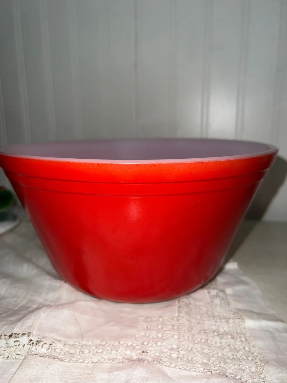 Vintage Federal glass red mixing bowl milk glass